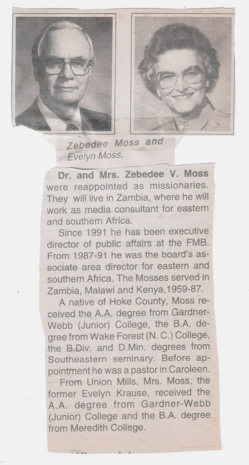 A newspaper clipping announcing the marriage of Rev. Zeb V. Moss and Evelyn Krause.