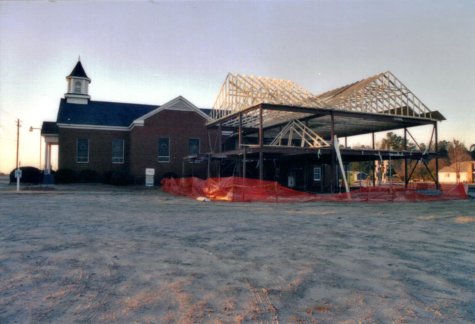 Roof trusses installed on the new church addition.