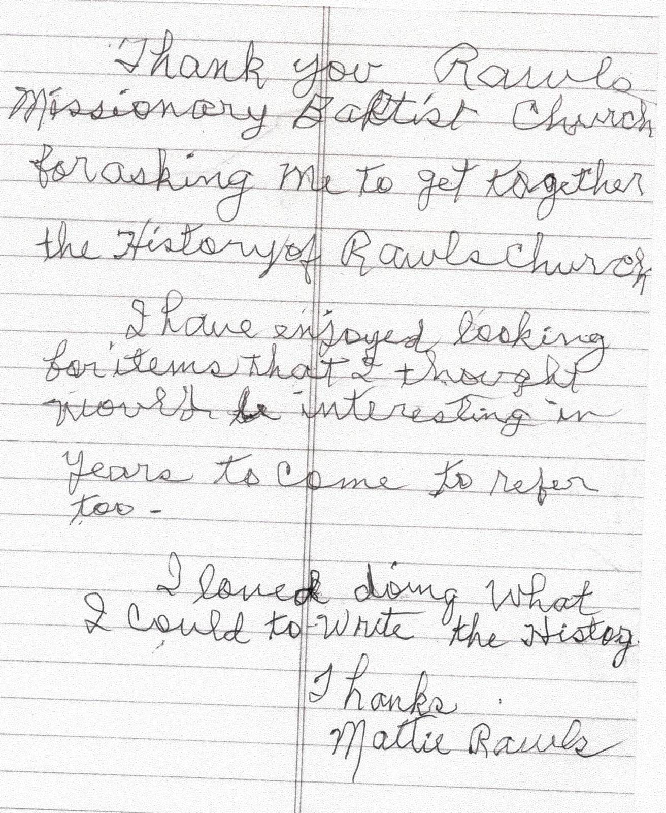 A handwritten note of thanks from church historian Mattie Rawls.