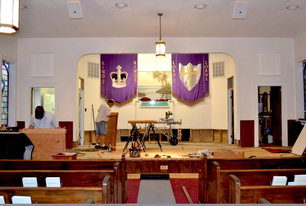 The pulpit area under construction during the 2013 sanctuary renovation.