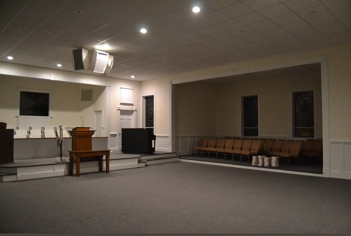 The renovated sanctuary seating and pulpit area.