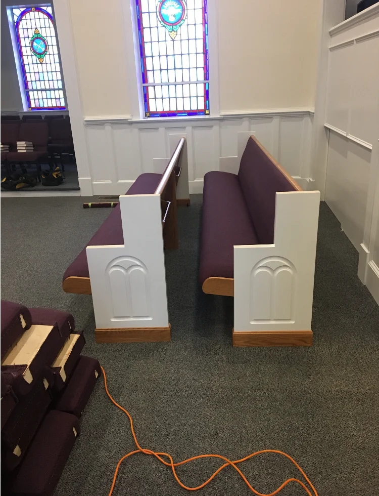 New pews being placed in the sanctuary.