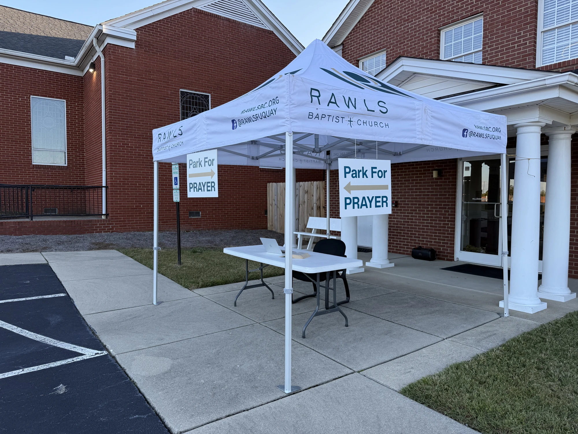 The Park for Prayer tent outside Rawls Baptist Church.