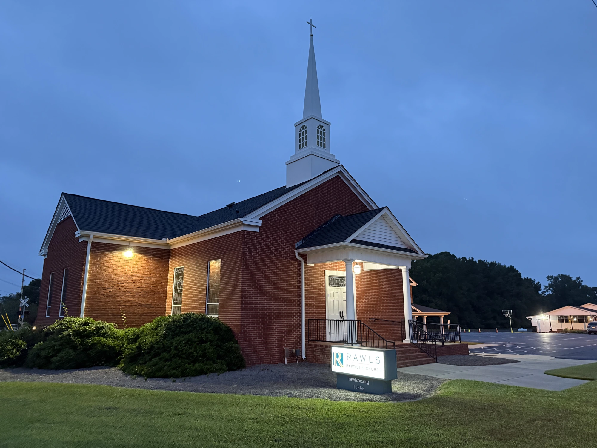 Rawls Baptist Church at sunset before Wednesday evening Bible Study.