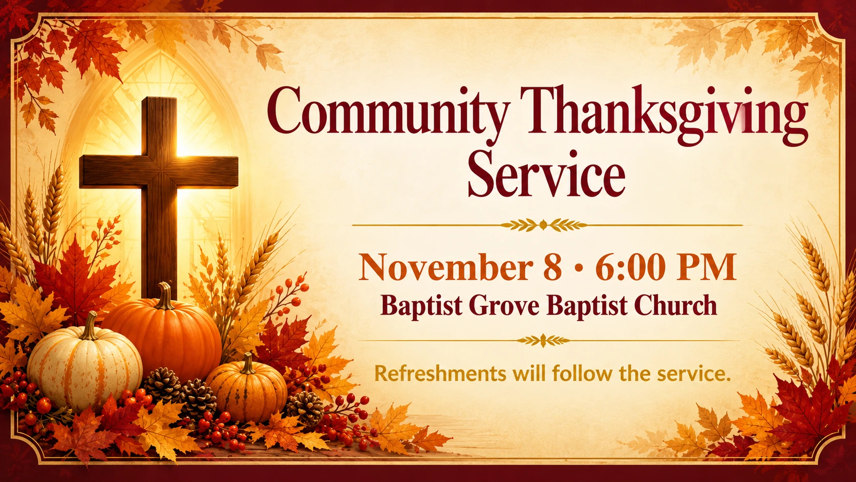 Community Thanksgiving Service at Baptist Grove Baptist Church on November 8 at 6:00 PM