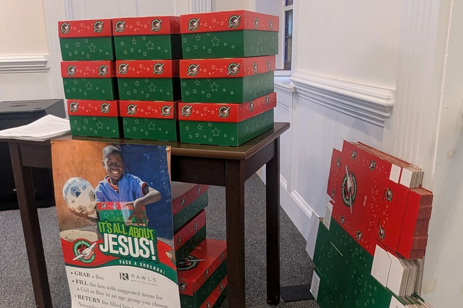 Display of Operation Christmas Child shoeboxes at Rawls Baptist Church
