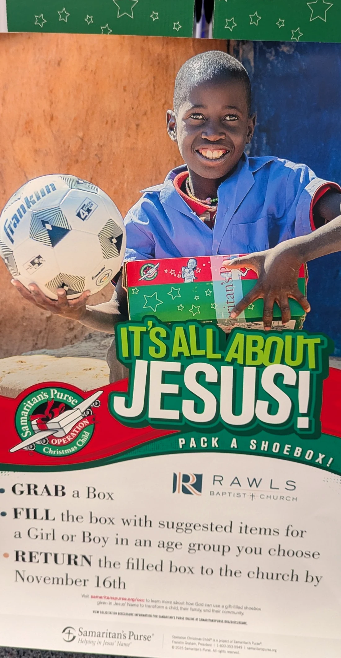 Operation Christmas Child sign with shoebox packing and return instructions at Rawls Baptist Church