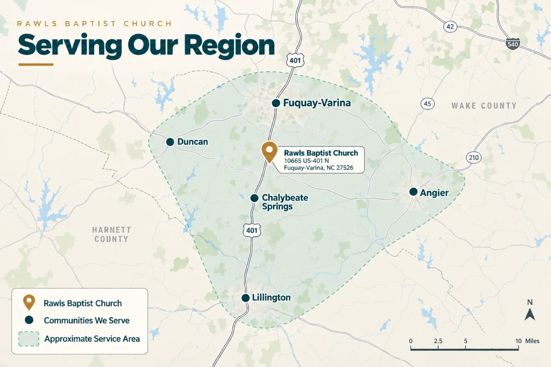 Map showing Rawls Baptist Church and the approximate region served around Fuquay-Varina, Angier, Lillington, Chalybeate Springs, and Duncan, North Carolina.